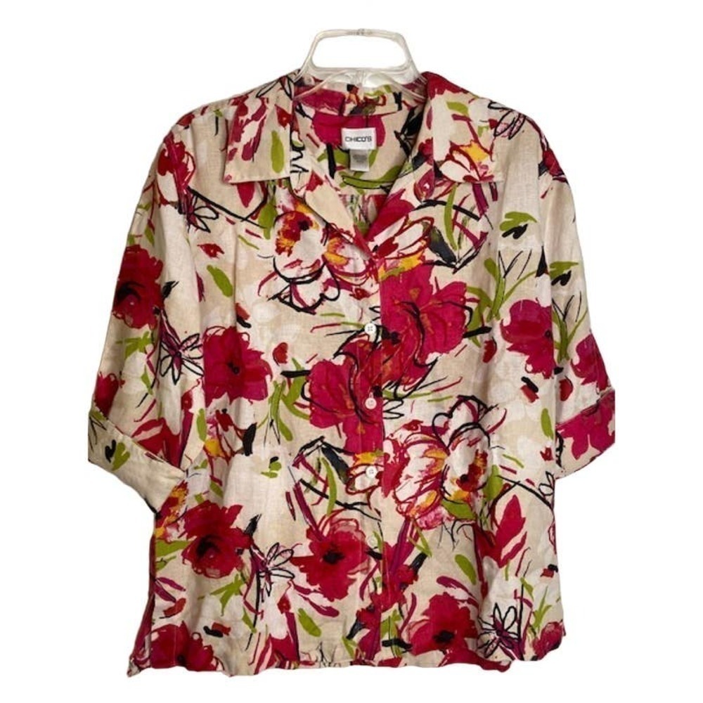 Chico's Floral Summer Blouse or Jacket Size‎ 2 (US 12-14) 100% Washable Linen